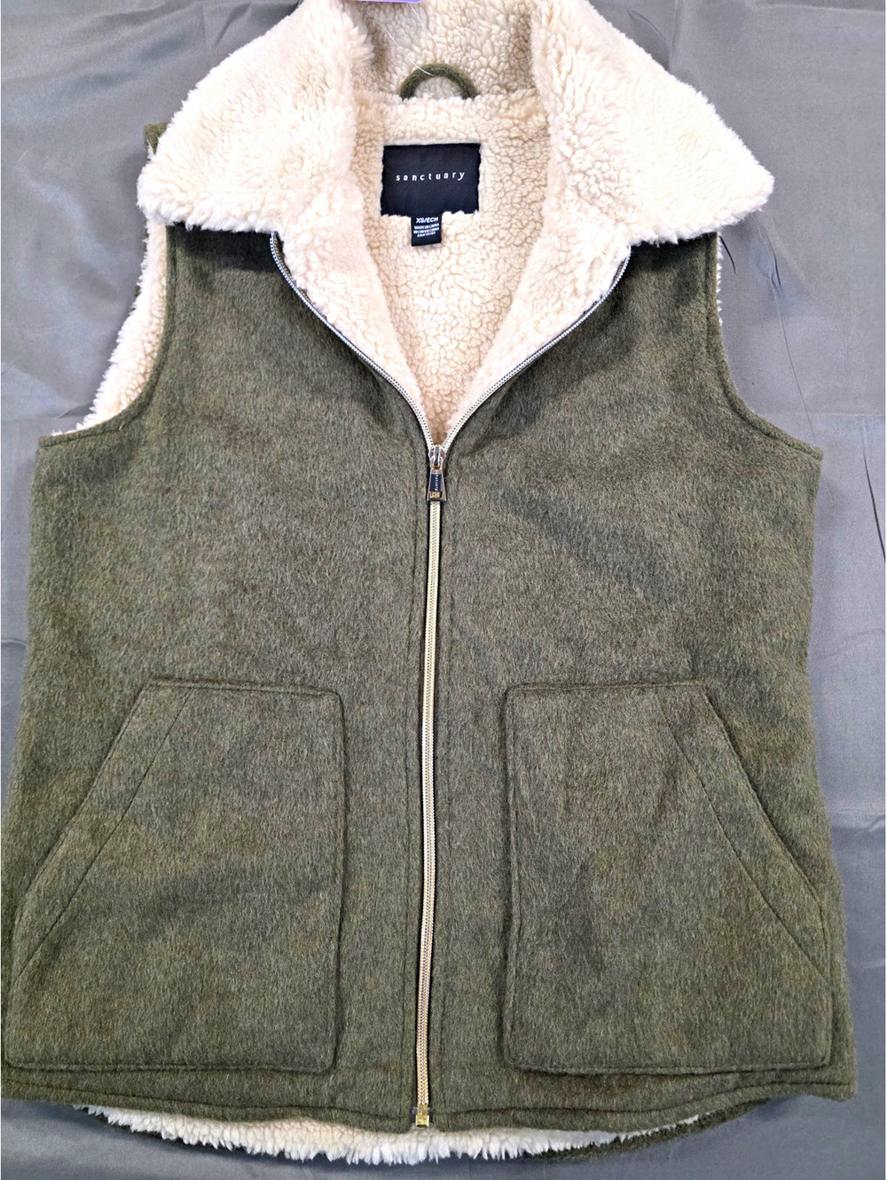Sanctuary Women's Green Full Zip Sherpa Lined Collared Vest XS